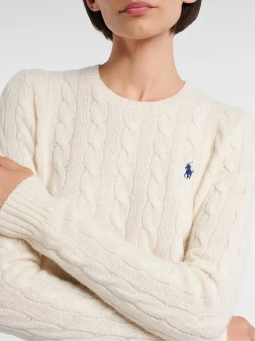 Ralph Lauren Wool Ivory Cable-Knit Crewneck Sweater with Polo Pony Sz-Ladies L